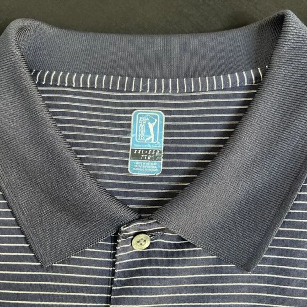 Mens PGA Tour Men's Size XXL Polo Blue/White Striped Short Sleeve Logo Polyester